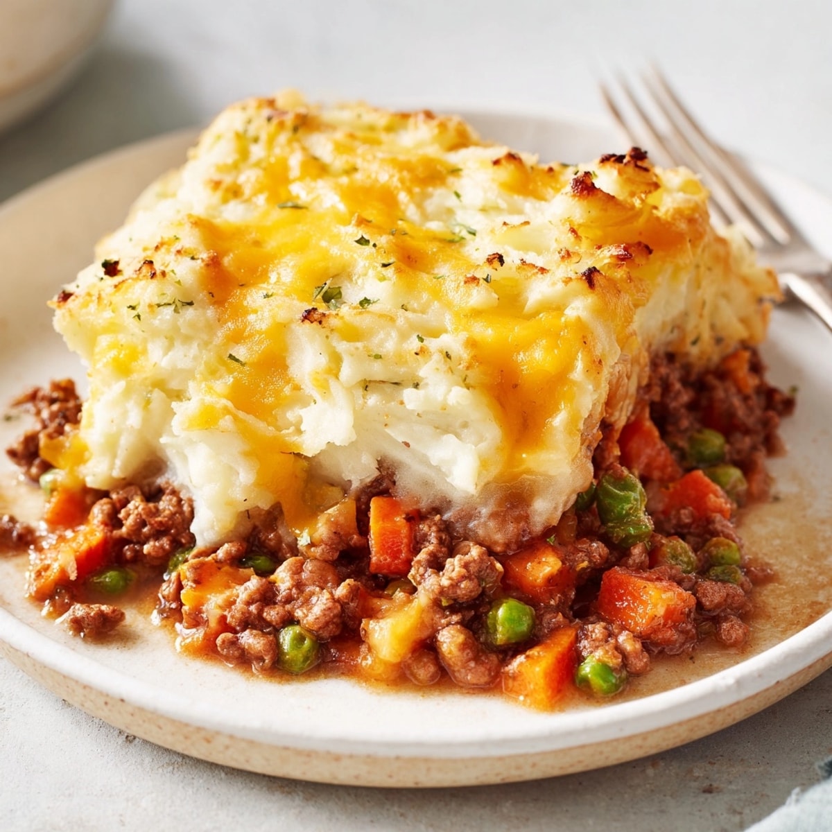 Golden brown Warm Rustic Shepherds Pie with Cheesy Potato Topping, bubbling hot from the oven.