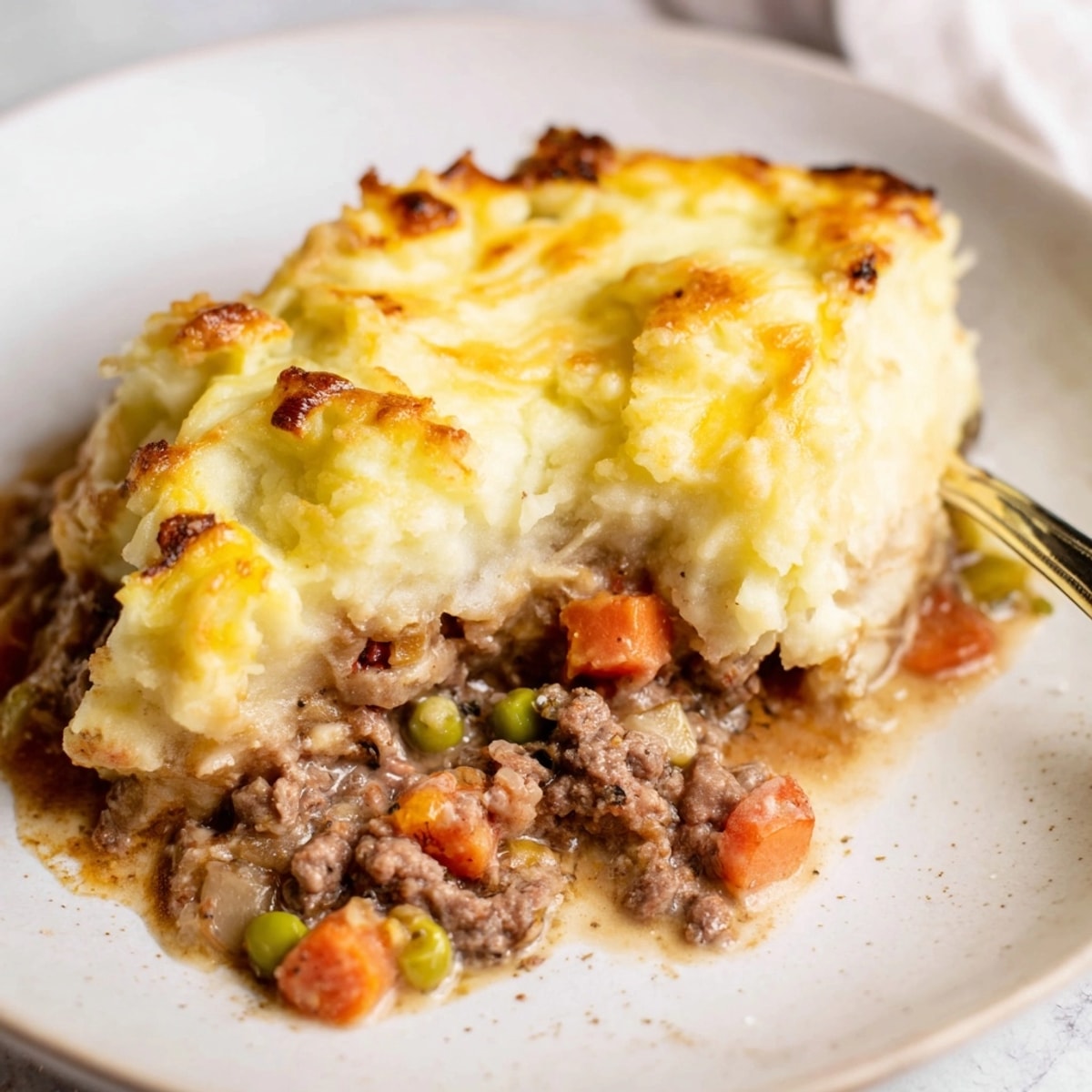 A slice of Warm Rustic Shepherds Pie shows layers of meaty filling and cheesy potato topping.