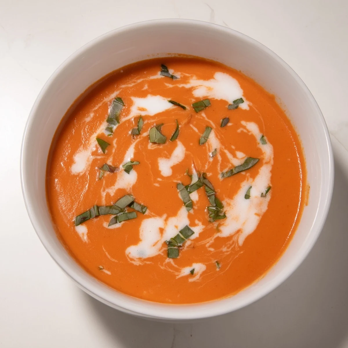 Creamy tomato and basil soup, swirling with fresh cream and garnished basil leaves, ready to be enjoyed.