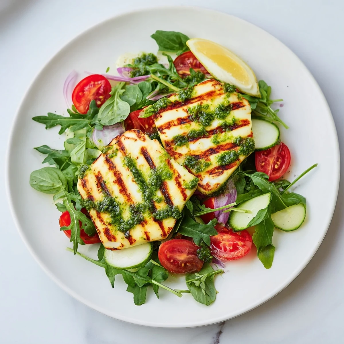 Golden grilled halloumi and pesto plate with colorful veggies, ready for a delicious vegetarian meal.
