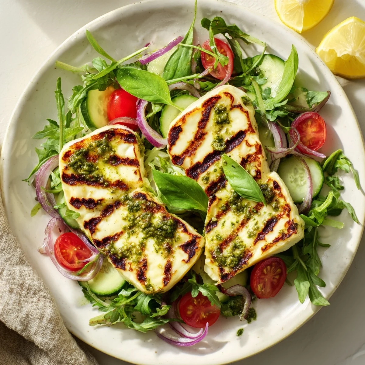 Enjoy a Mediterranean-inspired grilled halloumi recipe, including fresh basil pesto, perfect for summer eating.