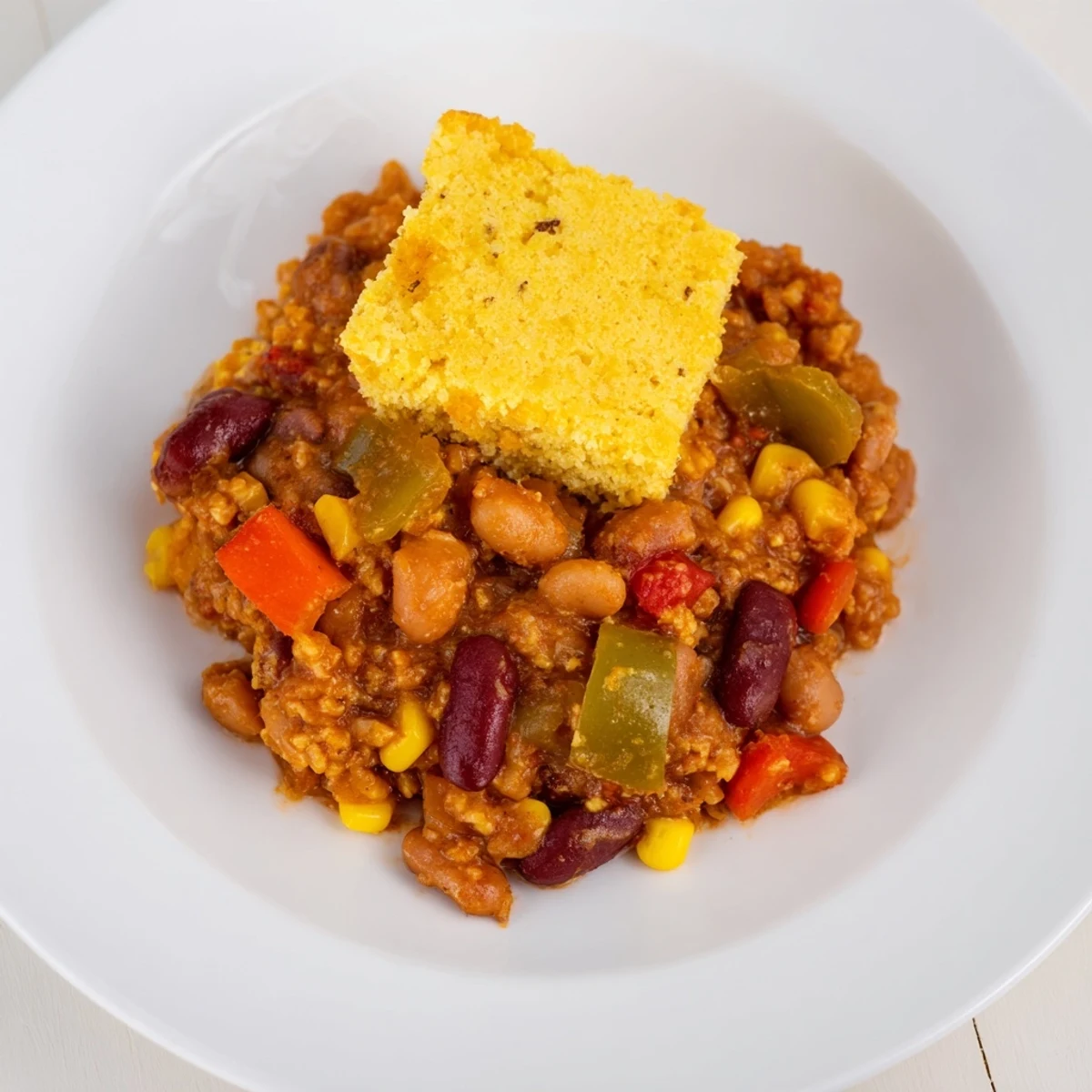 Steaming bowl of Rustic Wheat-Warm Chili with fluffy cornbread topping, ready to be enjoyed.