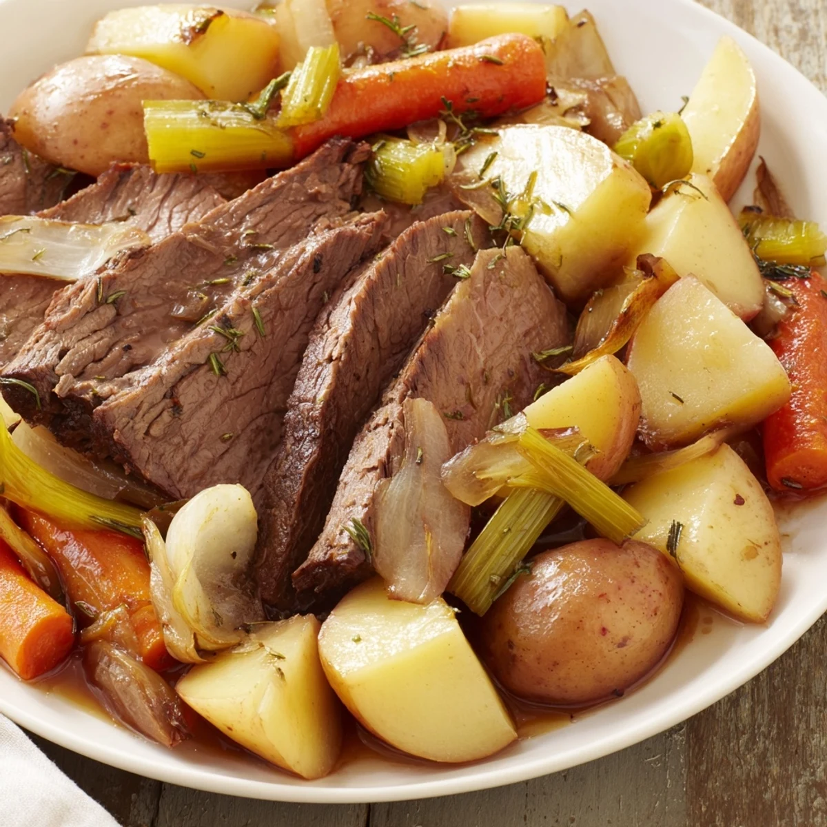 Tender Everyday Family Favorite Pot Roast, beautifully browned with root vegetables in rich, savory gravy.