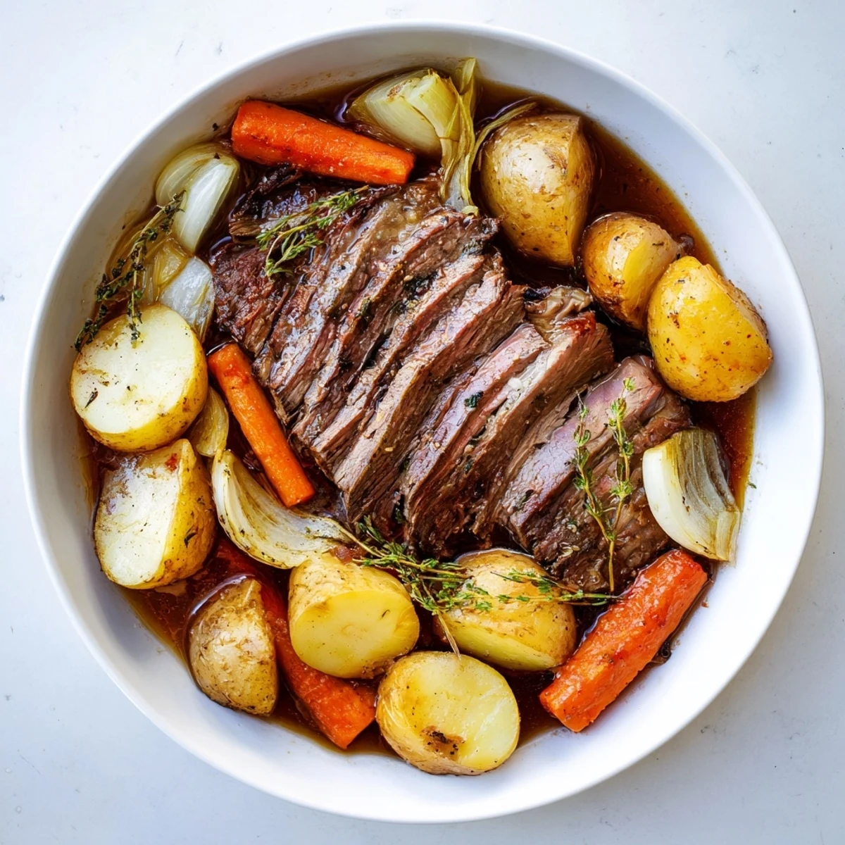 A close-up of a steaming Everyday Family Favorite Pot Roast, showing the fall-apart meat and veggies.