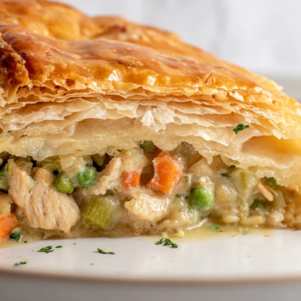 A warm and hearty rustic Laurel & Herb Chicken Pot Pie, bubbling inside its perfect flaky pie crust.