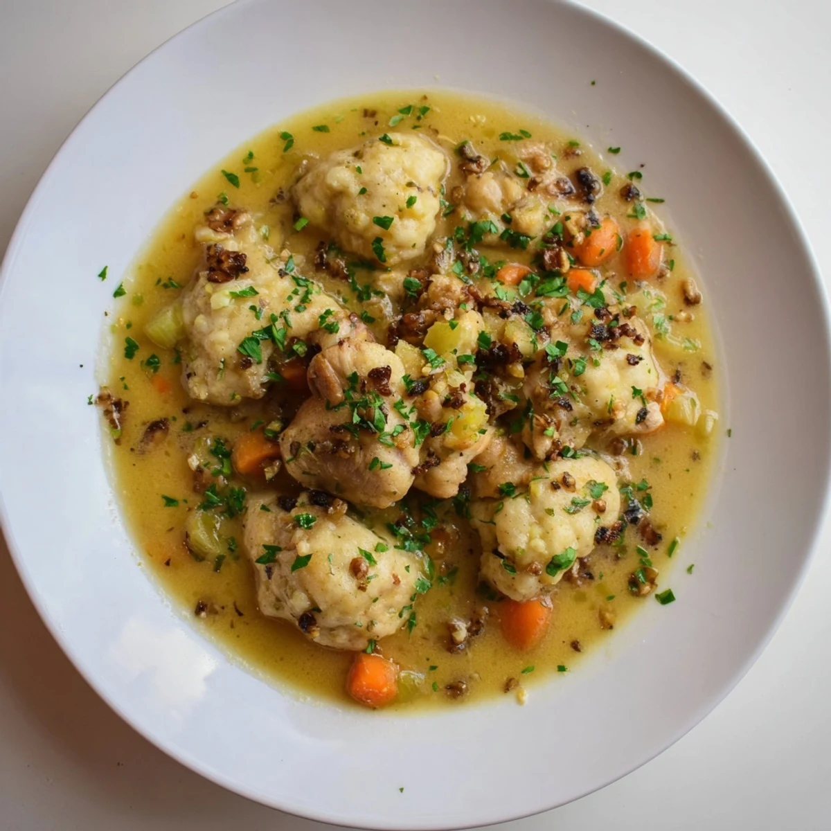 Warm homestyle chicken and dumplings, a comforting, rich stew with fluffy, golden dumplings.