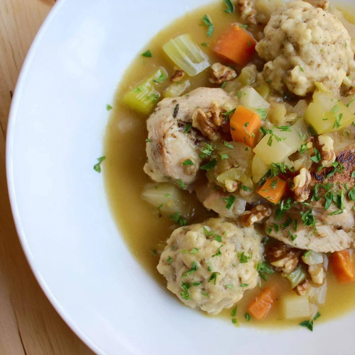 View a steaming bowl of Nut-Warm Homestyle Chicken and Dumplings garnished with fresh, green parsley.