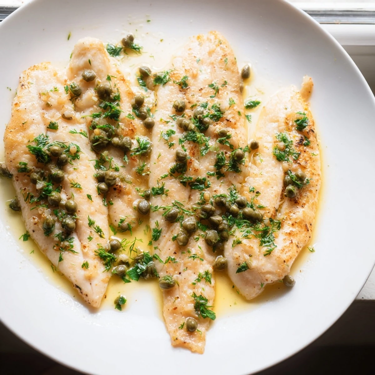 Flaky Simple Fork-Friendly Lemon-Herb Tilapia, glistening with a vibrant lemon-caper sauce, ready to serve!