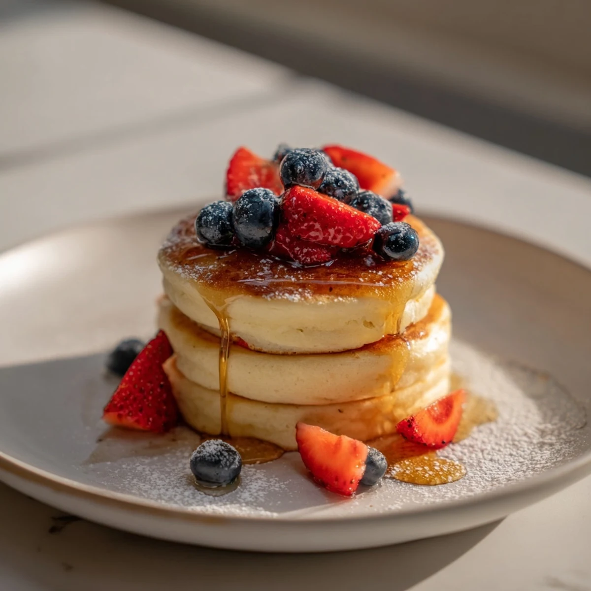 Golden, fluffy ricotta pancakes stacked high, ready to be drizzled with maple syrup.