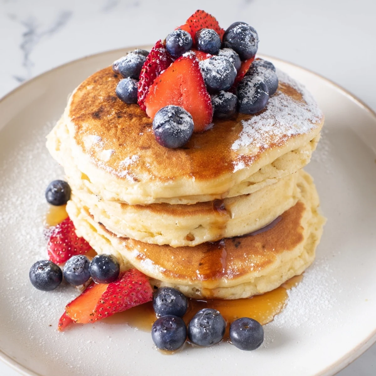 Light and airy ricotta pancakes, served hot with a dusting of powdered sugar, perfect for breakfast.