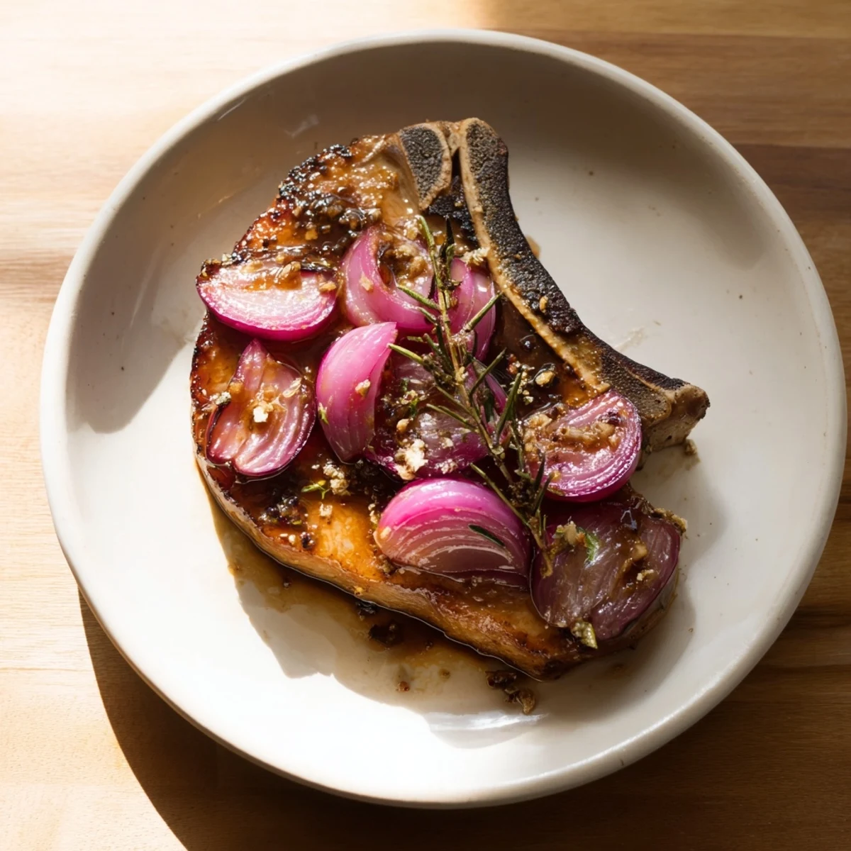 Golden-brown, pan-seared Plum-Soft Pork Chops bubbling in a savory, fruity sauce for dinner.