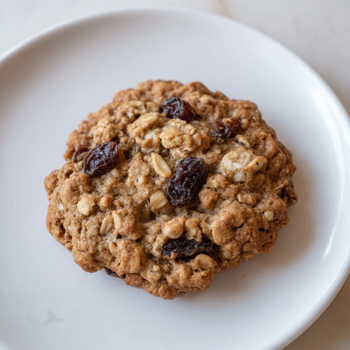 A plate of homemade chewy oatmeal raisin cookies, offering a soft texture and sweet, cozy flavor.