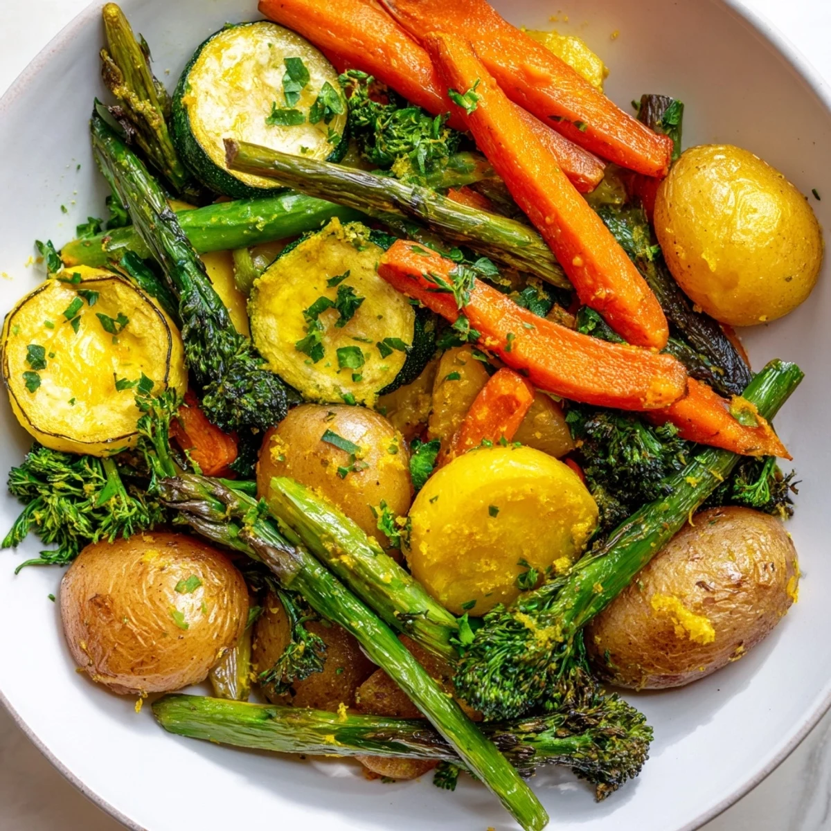 Golden roasted Light Herb & Fern-Inspired Roasted Vegetable Platter, fresh from the oven, ready to serve with vibrant herbs.