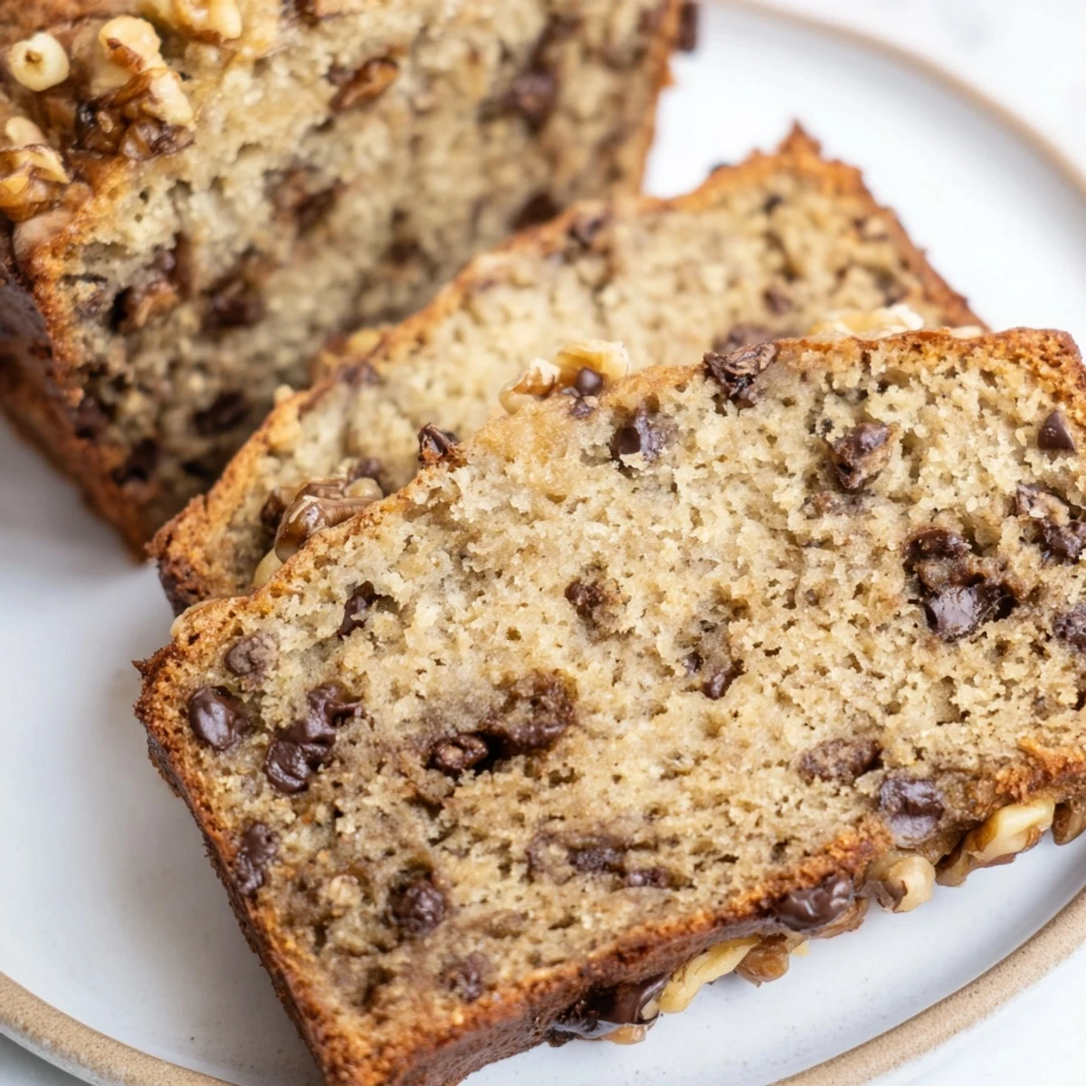 Warm, freshly baked chocolate chip banana bread with a golden crust and scattered chocolate gems.