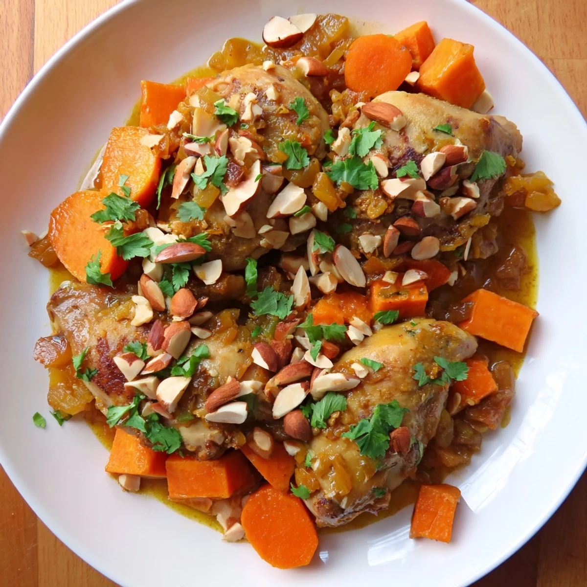 Soft Spice Slow-Cooker Chicken and Sweet Potato Tagine steam rises from tender chicken and sweet potatoes.