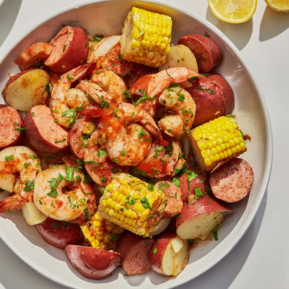 A steaming, single-pot Seaside-Inspired Shrimp Boil with plump shrimp and golden corn on a platter.
