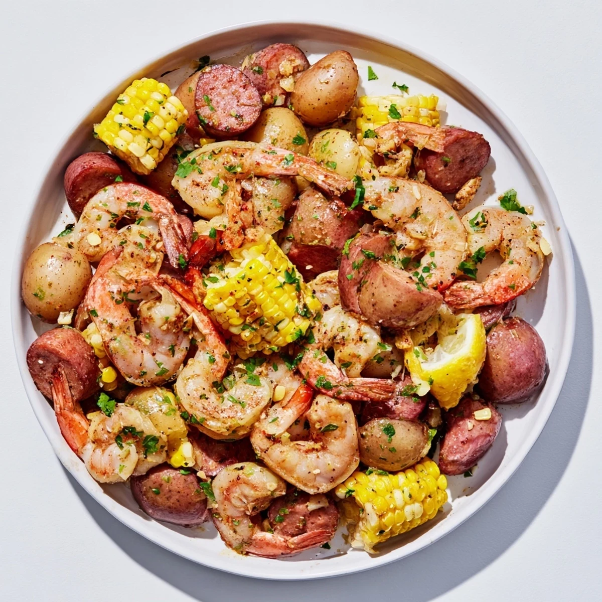 Vibrant image of a freshly plated Seaside-Inspired Shrimp Boil, with butter-drizzled shrimp and lemon wedges.