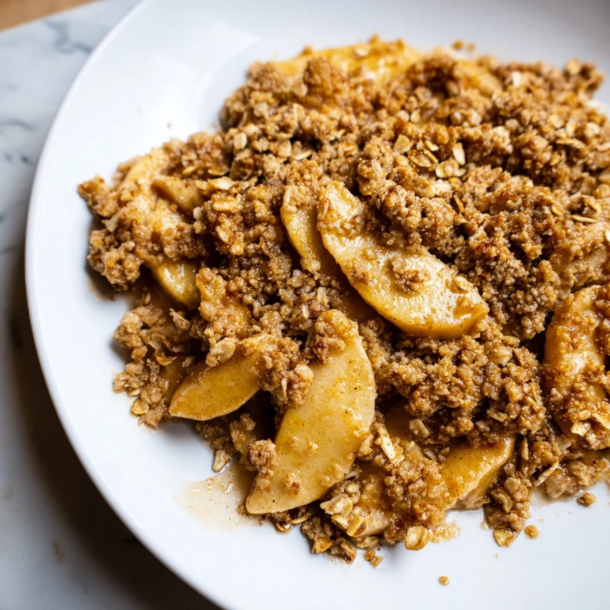 Warm, golden-brown Spiced Apple Crisp: a comforting dessert with bubbly, tender apple filling.