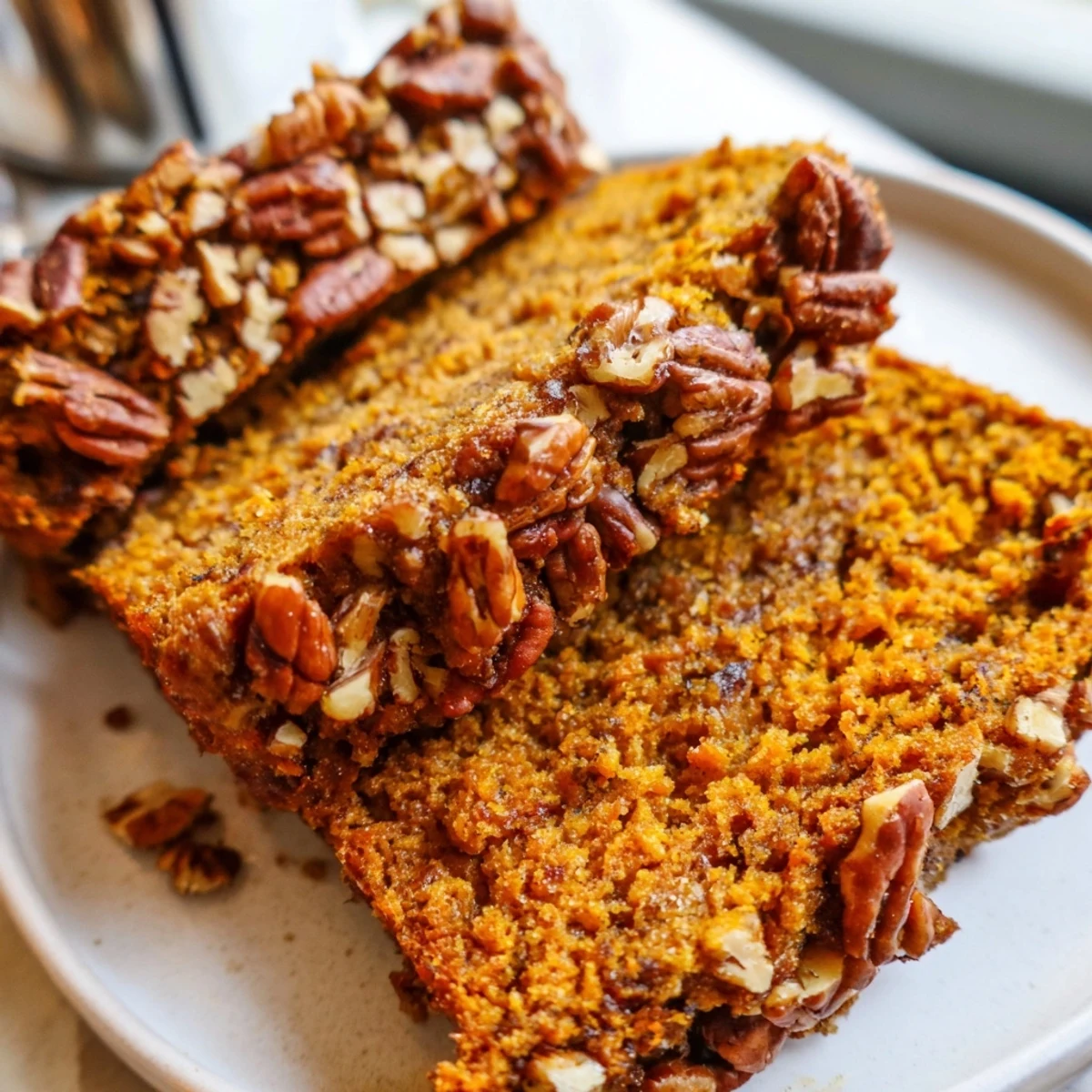 A close-up of a rustic Weekend Cabin-Style Sweet Potato and Pecan Loaf with visible pecan pieces.