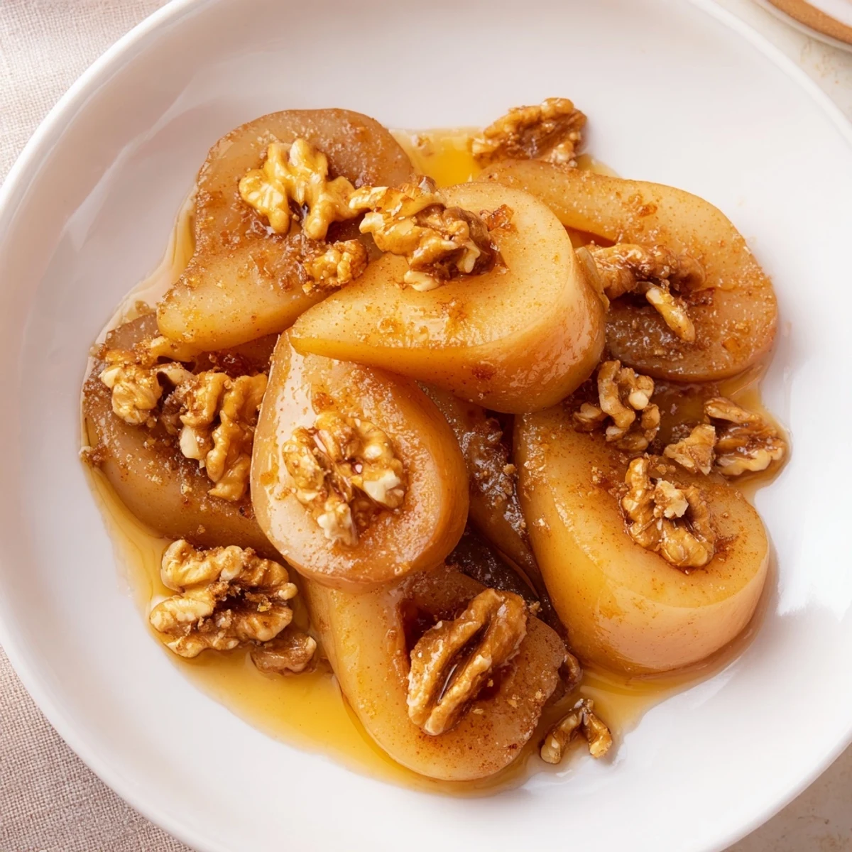 Maple-Warm Cozy Plate: Caramelized Pear and Walnut Bake, glistening caramelized pears with a scoop of vanilla ice cream.