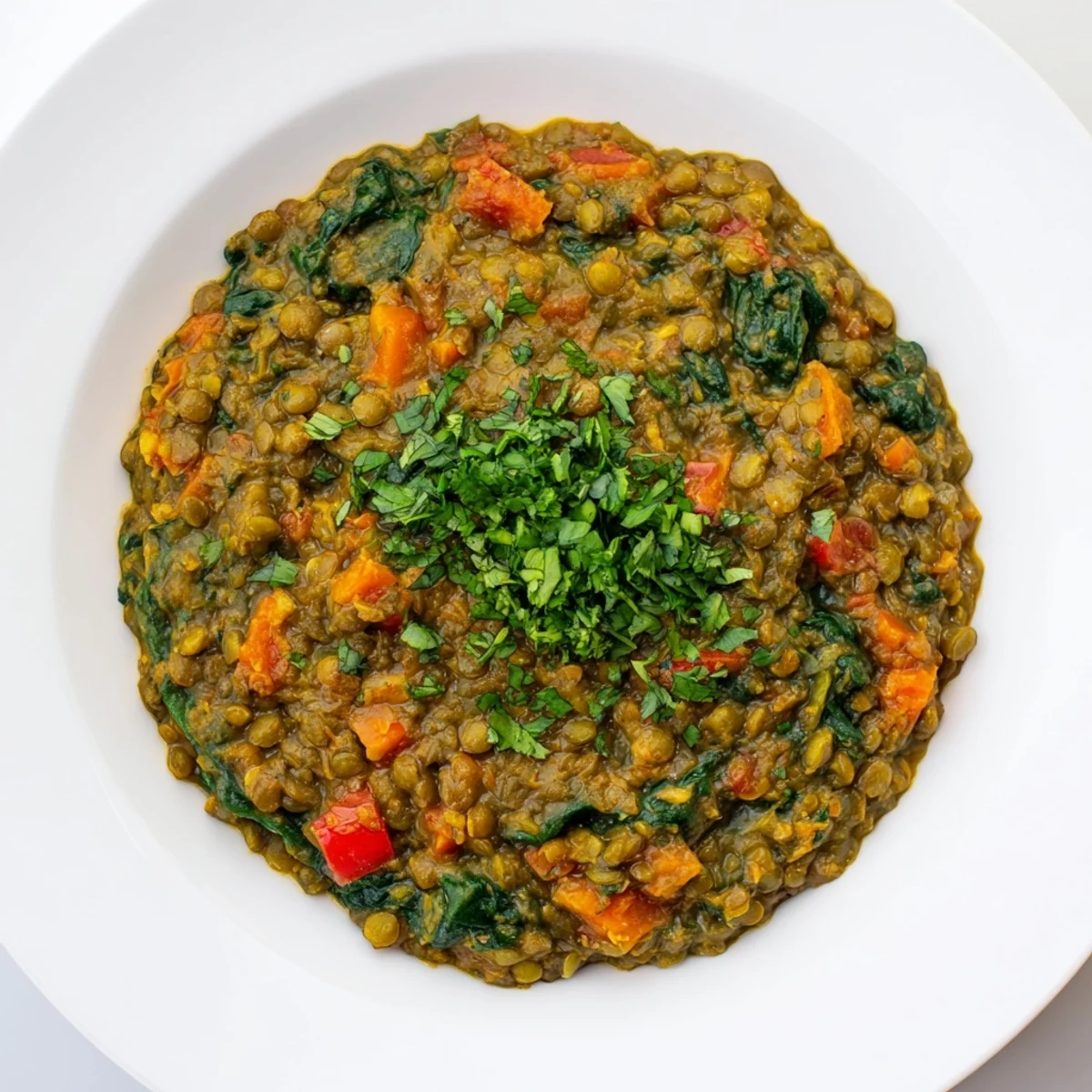 Steaming bowl of Lentil and Spinach Curry, garnished with cilantro, a warm, fragrant vegan dinner.