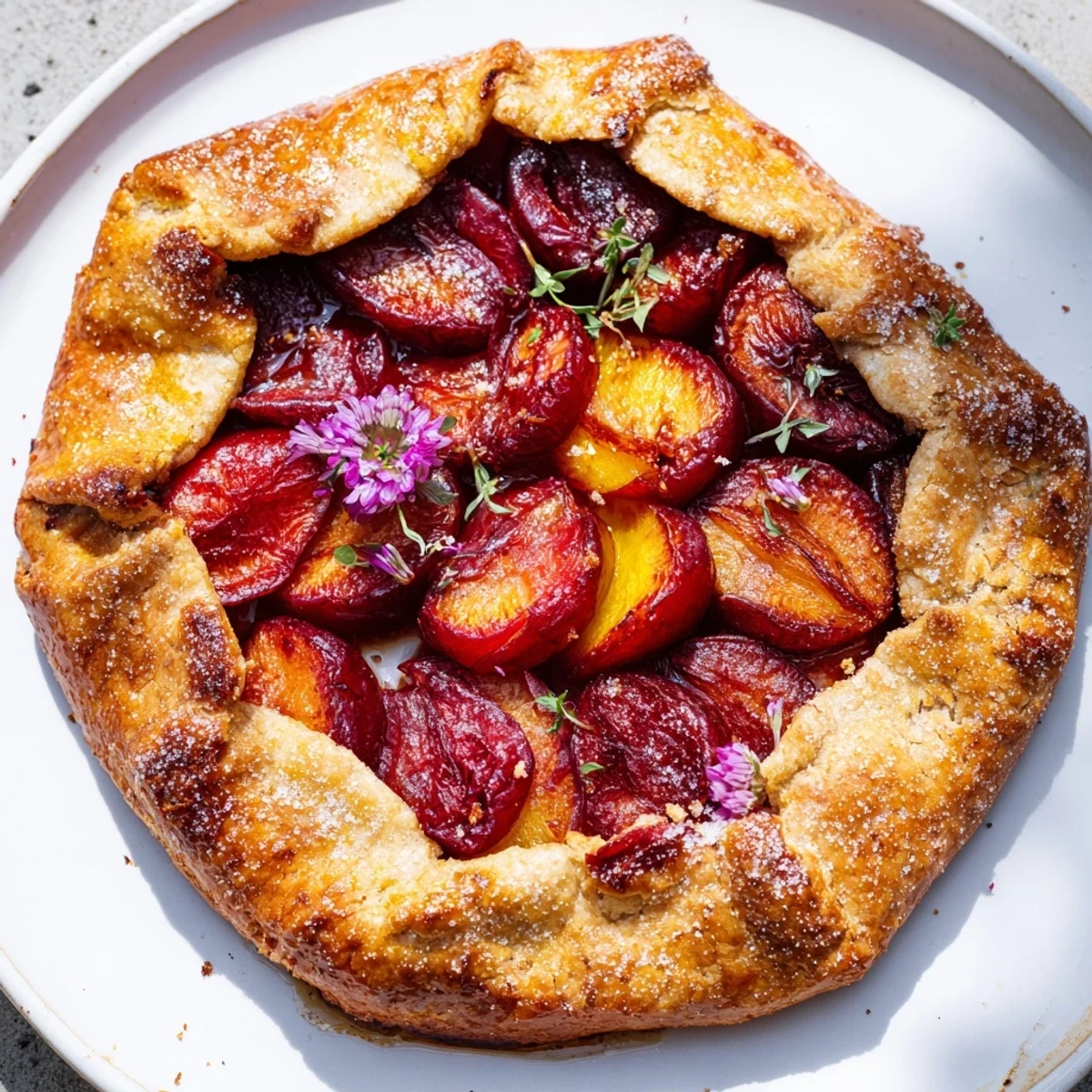 Freshly baked Honey and Plum Galette, with a glistening crust and sweet, syrupy-looking plums.