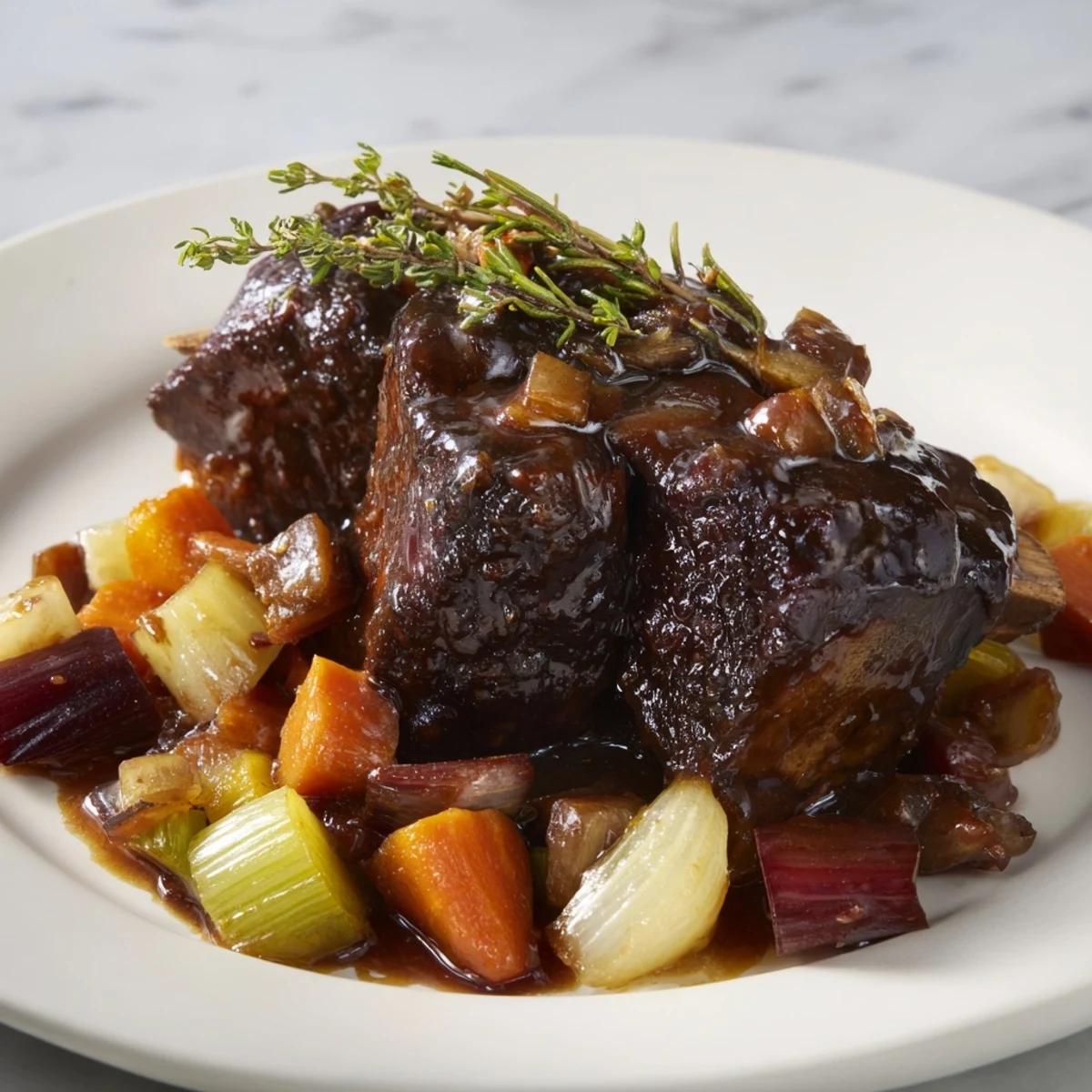 One-Pot Amber-Glowed Beer-Braised Short Ribs, tender and succulent, served with root vegetables and hearty gravy.