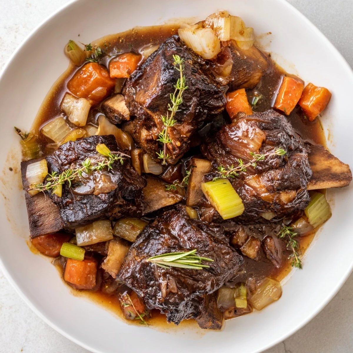 Close-up of One-Pot Amber-Glowed Beer-Braised Short Ribs, a comforting dish glistening with rich sauce.