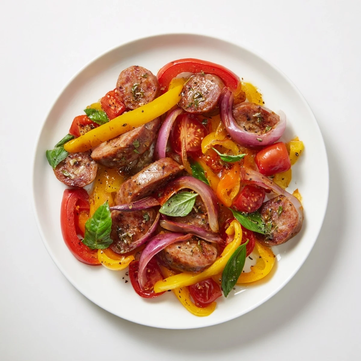 Sizzling Basil-Boosted Sausage and Pepper Skillet Supper, bursting with colorful peppers and savory sausage.