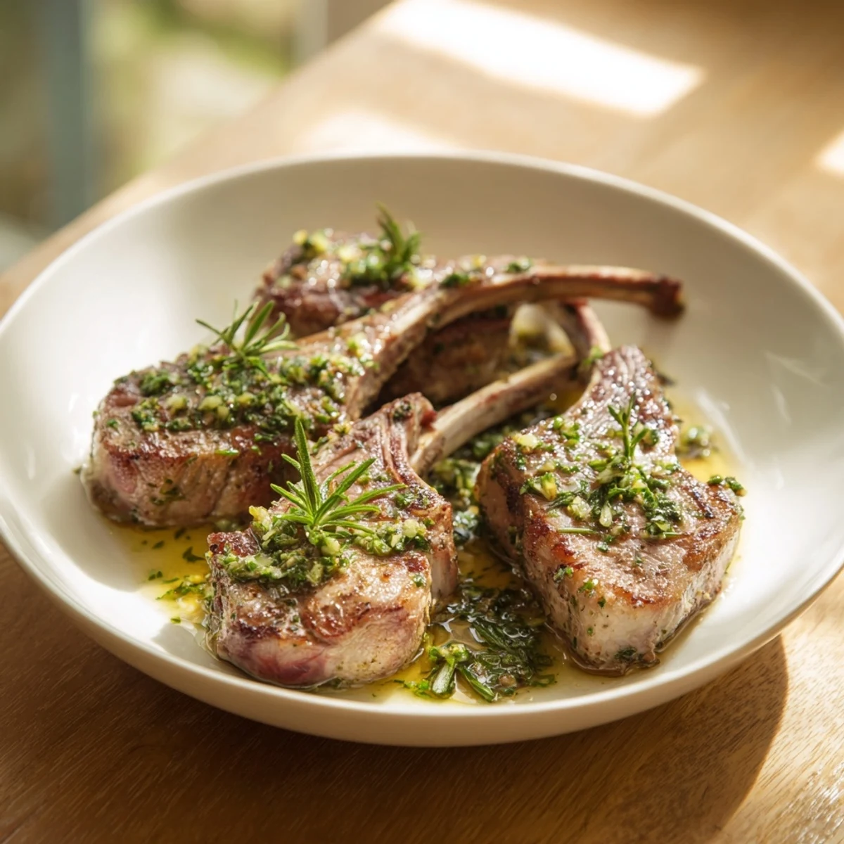 Juicy Rustic Mint Weeknight Pan-Seared Lamb Chops drizzled with bright, fresh mint sauce for a perfect dinner.