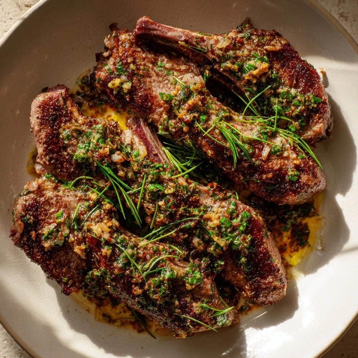 Savory Rustic Mint Weeknight Pan-Seared Lamb Chops, beautifully plated with colorful mint sauce, a delicious Mediterranean meal.
