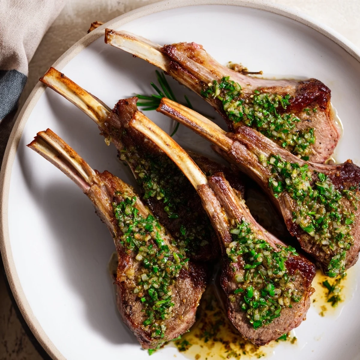 Golden-brown, seared Rustic Mint Weeknight Pan-Seared Lamb Chops, ready to be enjoyed with flavorful homemade mint sauce.