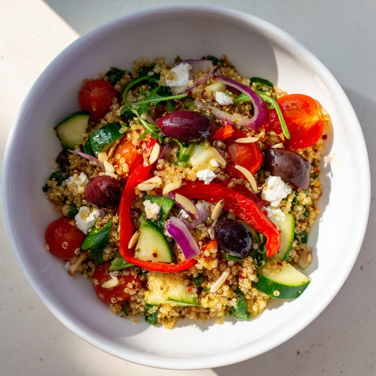 A colorful Mediterranean Grain Bowl filled with quinoa, vegetables, and creamy feta cheese.