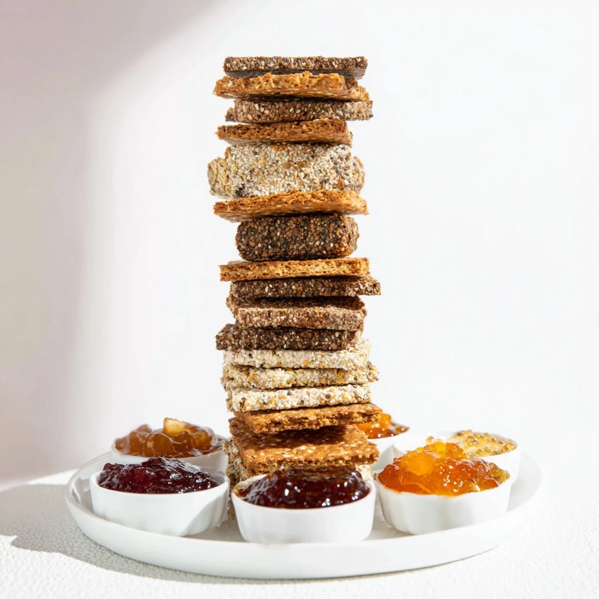 Gourmet Crackers displayed in a beautiful tower, served with colorful preserves and fresh fruits.
