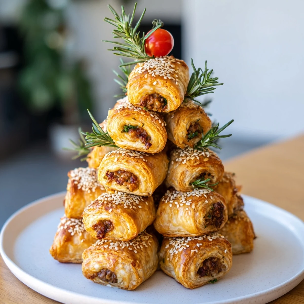 Golden, flaky savory bites: mini sausage roll Christmas tree, perfect for a holiday appetizer, smelling delicious.