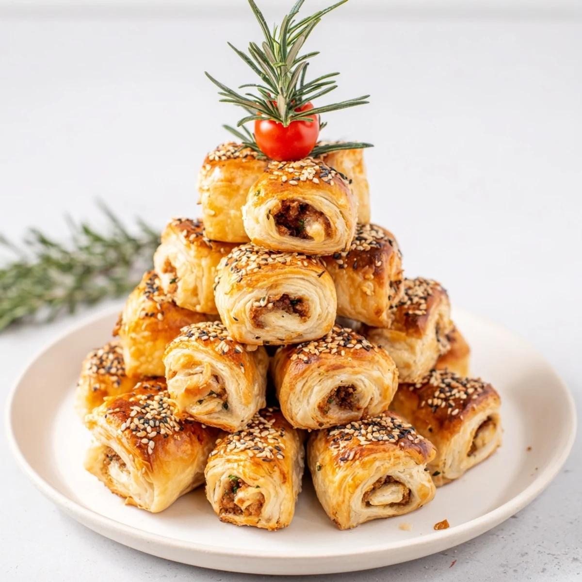 Appetizing arrangement: Crispy mini sausage roll Christmas tree, ready for dipping and festive feasting, beautifully baked.