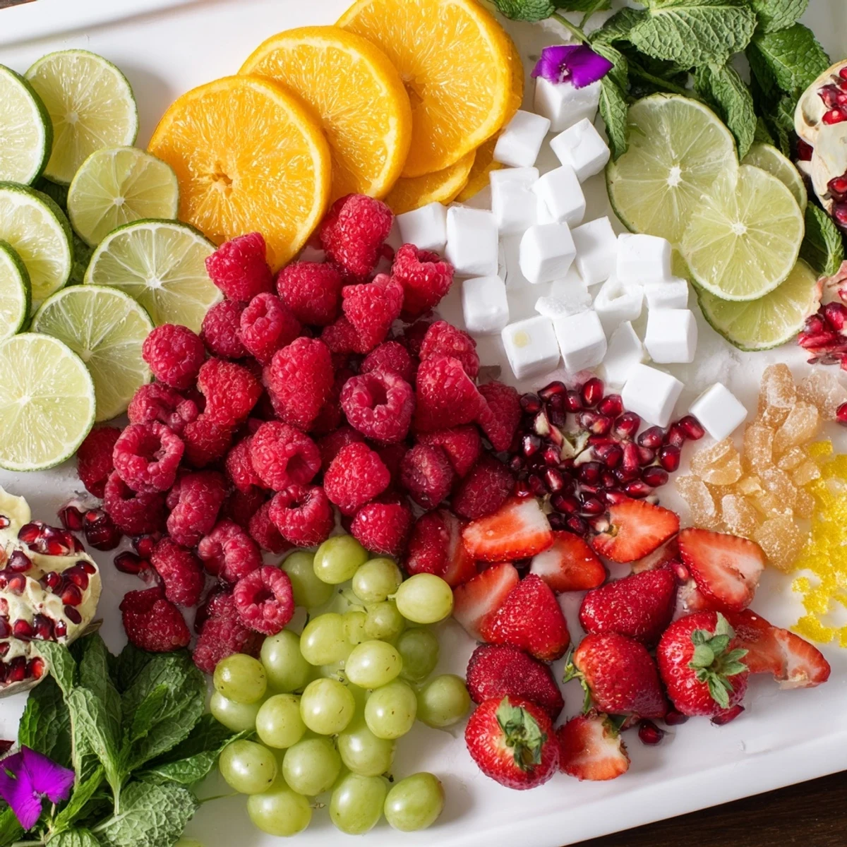 Vibrant Bubbly Bar Garnish Platter overflowing with colorful fruits, herbs, and sweet accents for New Year's.