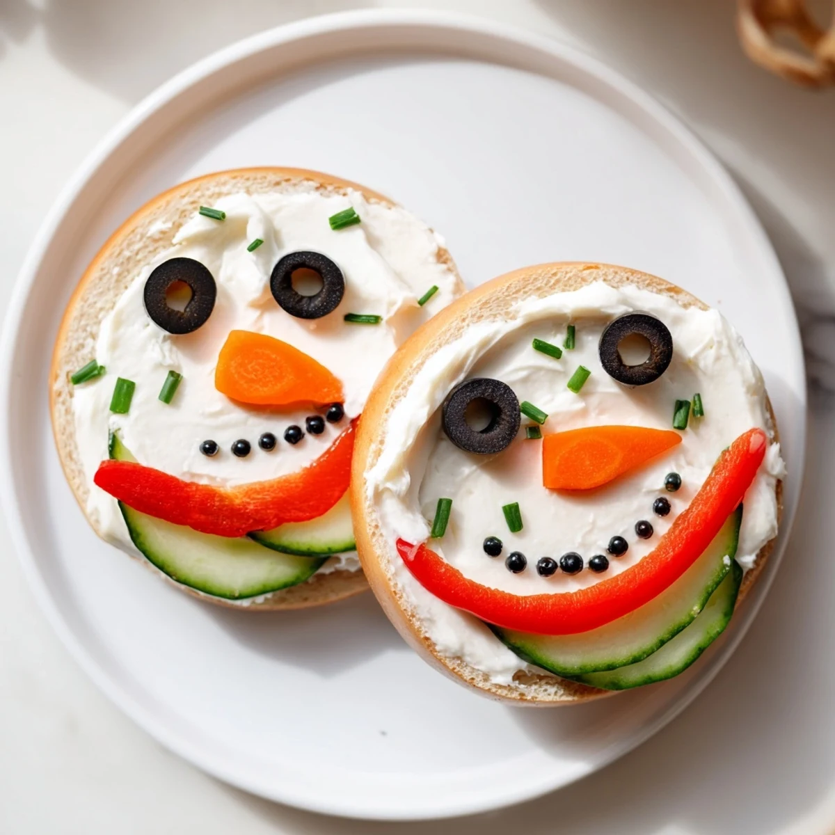 Festive Snowman Mini Bagel Sandwiches featuring carrot noses and olive eyes, ready to eat.