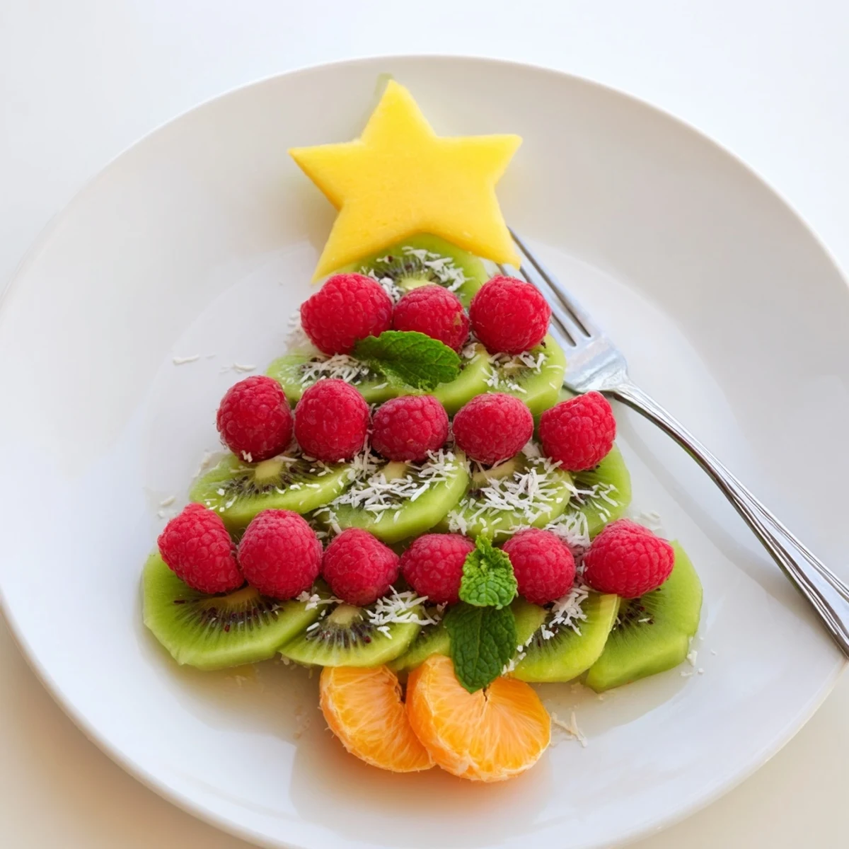Fresh kiwi and raspberry slices form a delicious Christmas tree fruit plate for the holidays.