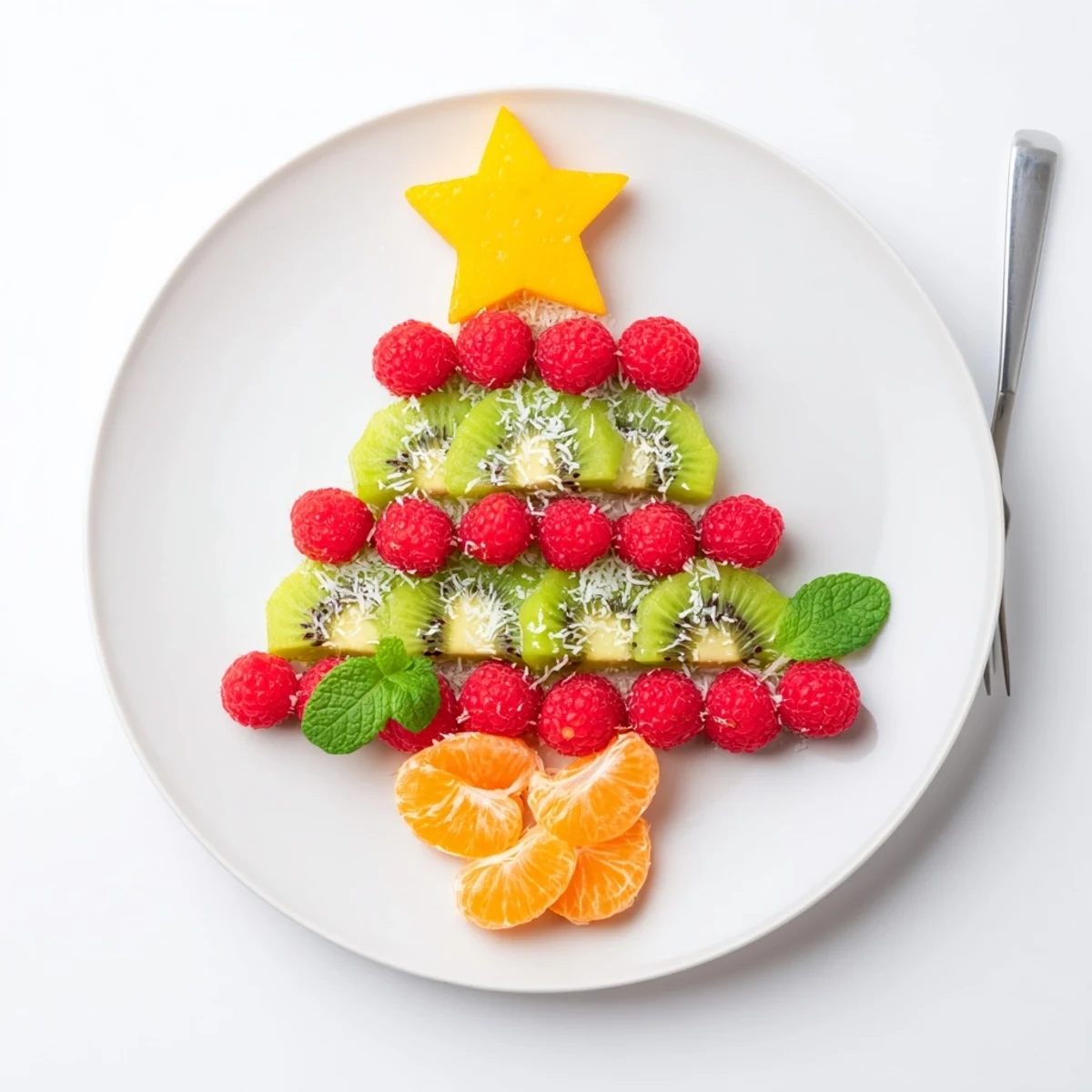 Vivid image of a Kiwi and Raspberry Christmas Tree Fruit Plate, perfect for a festive snack.