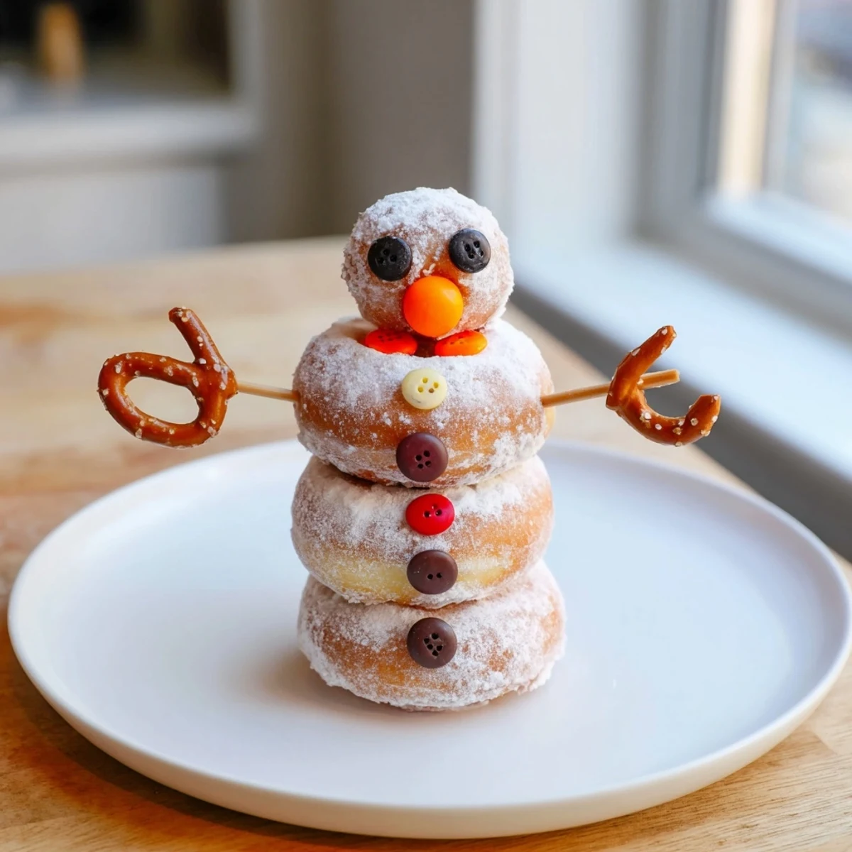 Easy mini donut snowman recipe, showing a delightful stack of donuts decorated for the holidays.