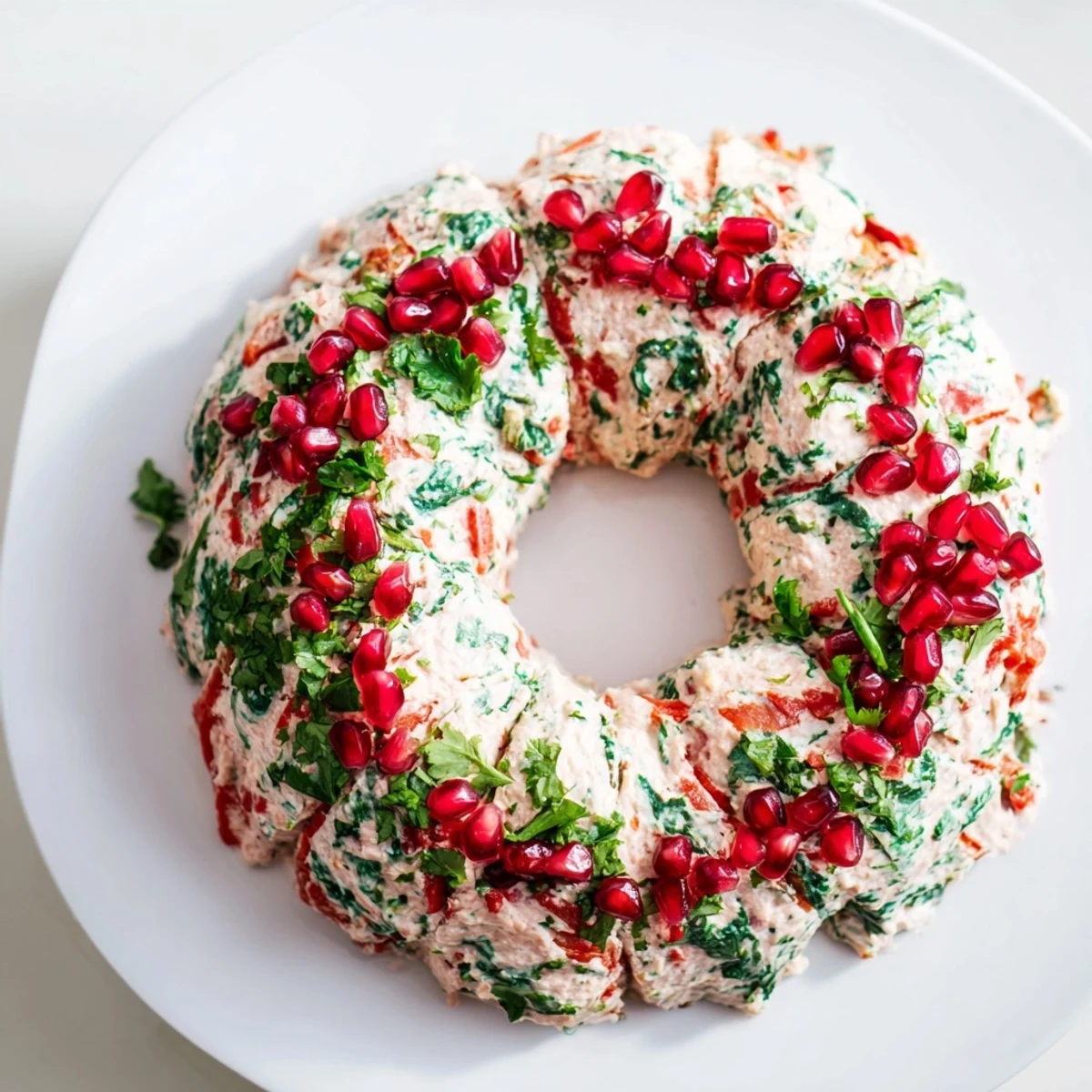 Festive holiday appetizer: a vibrant red pepper and spinach dip wreath adorned with garnishes.