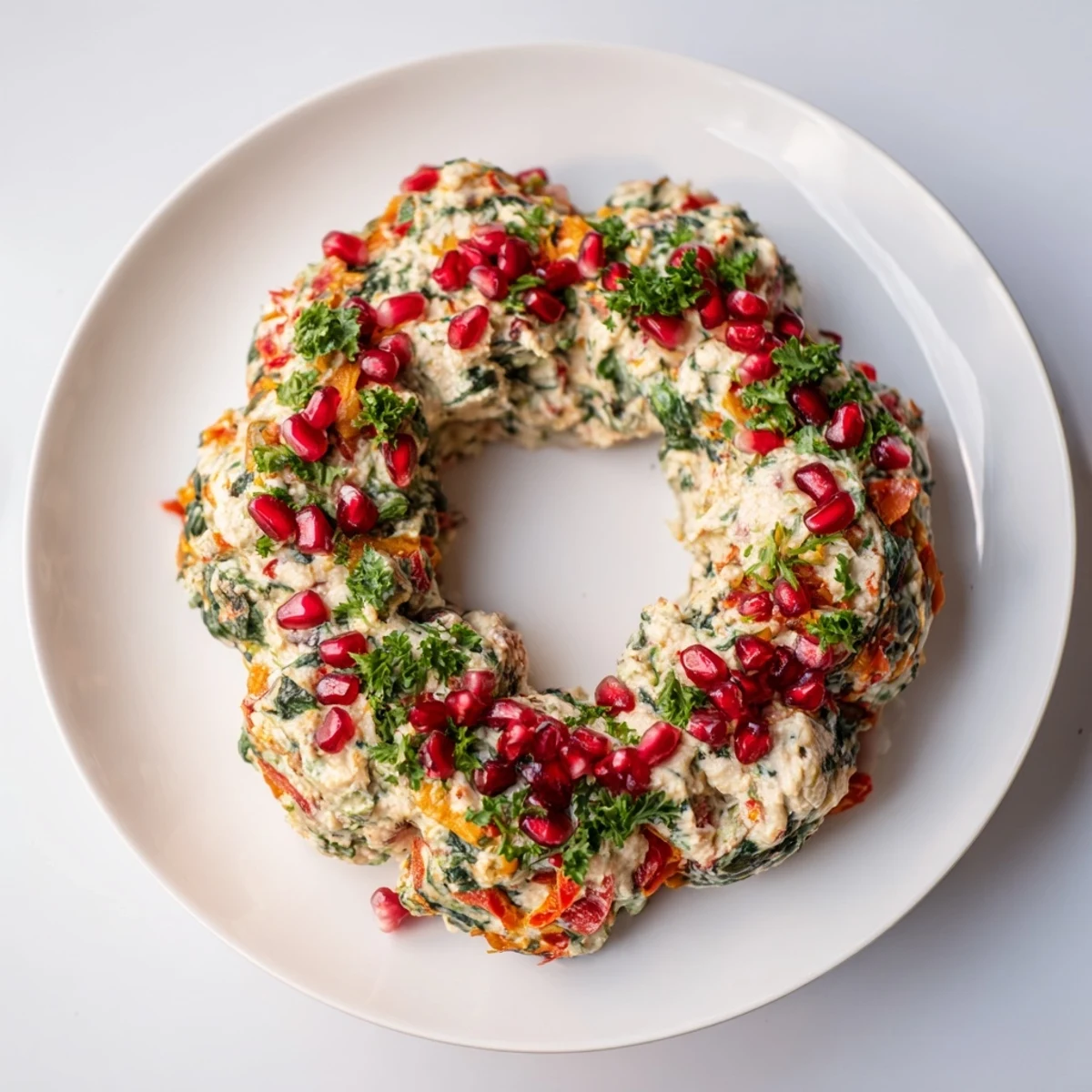 Freshly made red pepper and spinach dip wreath, a beautiful and flavorful centerpiece for a party.