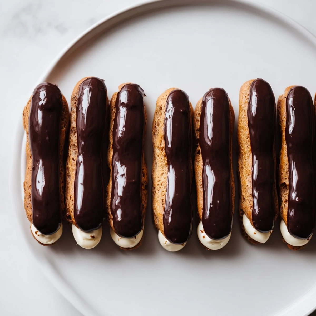 Shiny glazed mini chocolate éclairs arranged on a platter, ready to enjoy as a sweet treat.