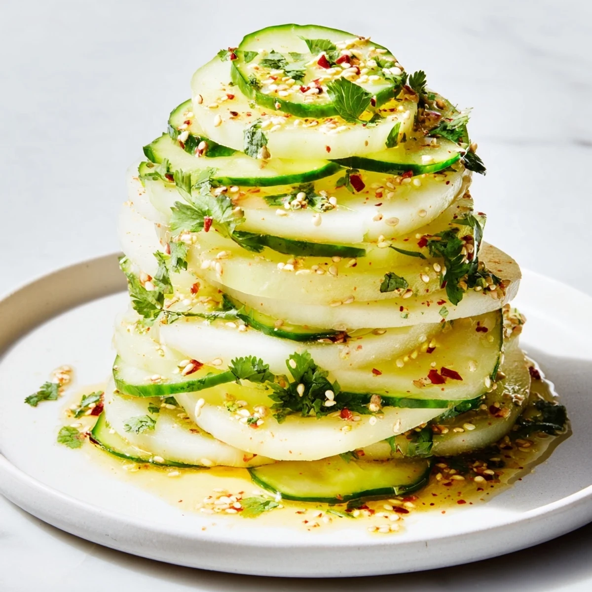 Thin, layered jicama and cucumber slices, vibrant green, make a delicious, healthy appetizer stack.