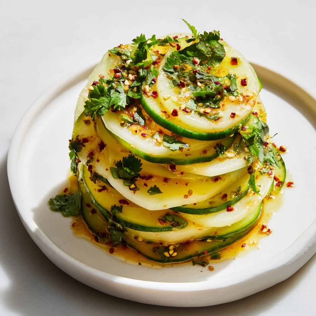 Crisp jicama and cucumber slice stacks are drizzled with lime-chili dressing for a refreshing appetizer.