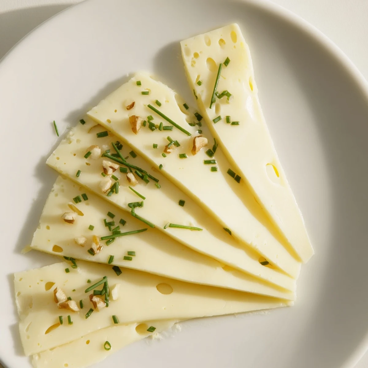 Artfully arranged Swiss cheese slices form a beautiful fan, ready for serving as a quick appetizer.