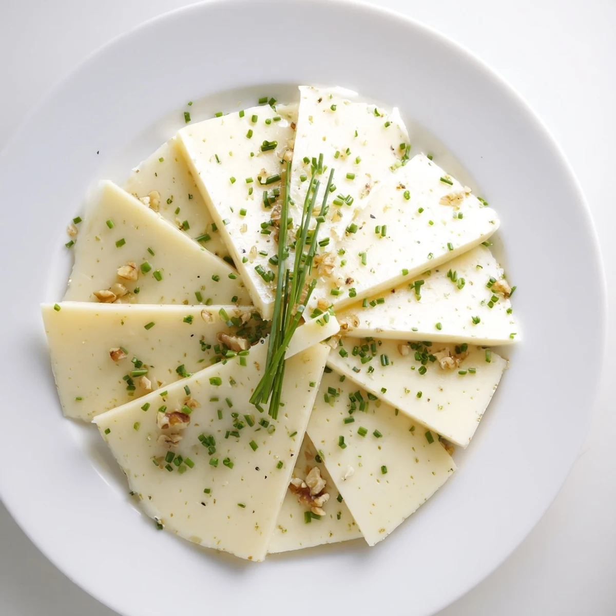 Fresh chives and optional walnuts sprinkle over a fan of delicious Swiss cheese slices for snacking.