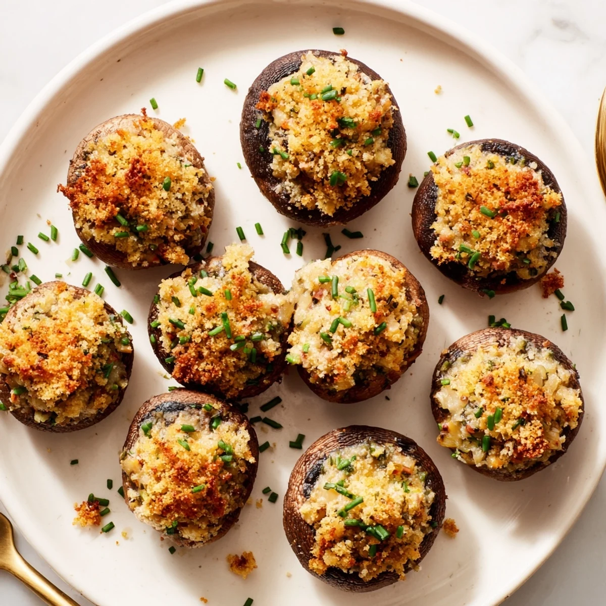 Golden-brown Stuffed Mushroom Caps arranged in a delicious ring, ready to serve as an appetizer.