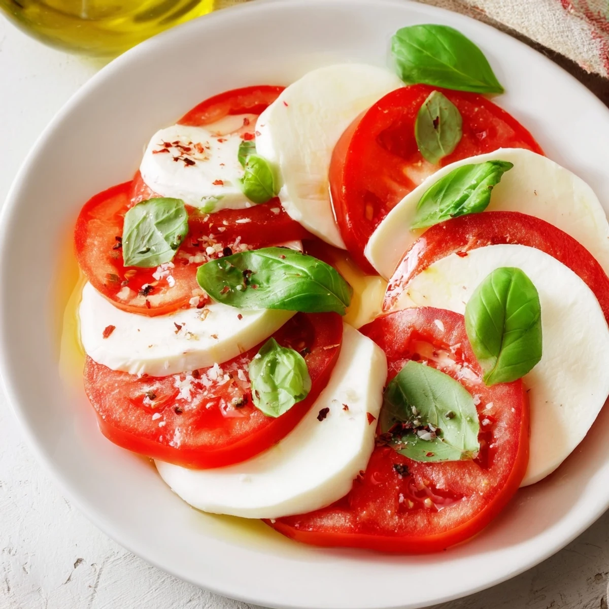 Delicious Sliced Tomatoes and Mozzarella Rounds, layered with basil, ready to be enjoyed as an Italian appetizer.